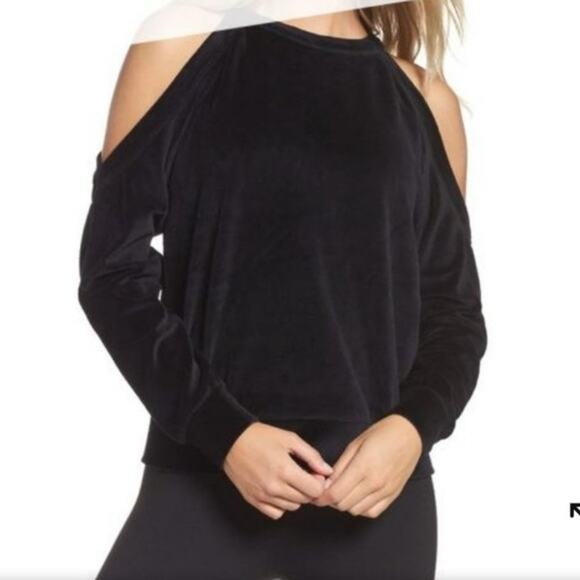 Zella Velour Cold Shoulder Top Women S Cara Black Long Sleeve Soft Fabric - Picture 2 of 8